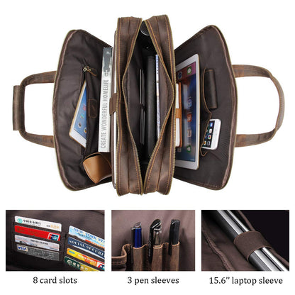 Augus Leather Briefcase for Men 15.6 Inch Laptop Bag Business Travel Large Capacity With Trolley Sleeve YKK Metal Zipper, Brown