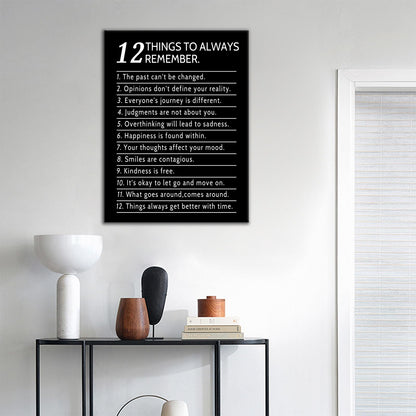 DINGFUN Inspirational Posters for Office 12 Things to Always Remember Canvas Wall Art, Black White Quote Single Panel Wall Decor for Home Office Dorm Classroom 24x18 Inch