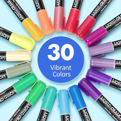 BainGesk 30 Colors Liquid Chalk Markers, Dust-Free Erasable Pens for Blackboards, Chalk Markers for Chalkboard, Windows, Glass, Mirror, Acrylic Dry Erase Board, 6mm Reversible Bullet & Chisel Tip