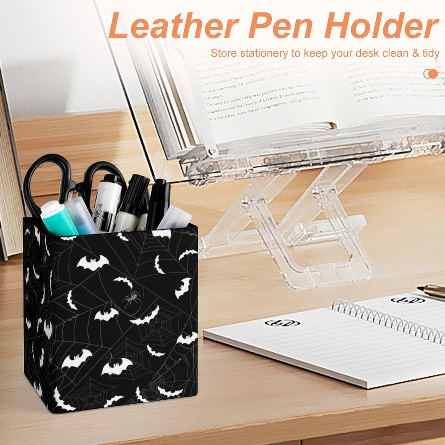 DerlonKaje Bats Square Leather Pen Holder, Minimalist Desk Organizer for Office Home School, Pencil & Stationery Storage Box, Gift for Students Teachers Colleagues