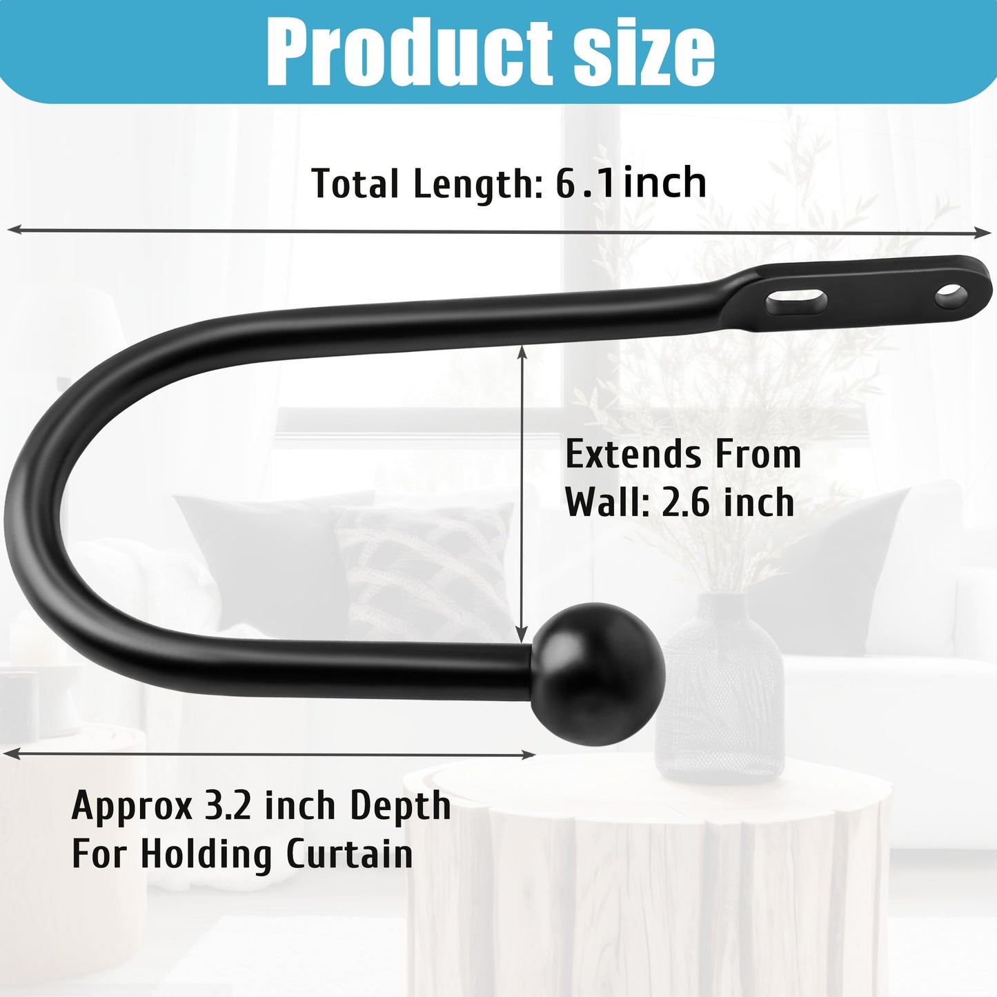 VRSS Wall Mount Curtain Tiebacks Drapery Holdbacks Curtain Holdback Hooks 6" L x 3" W Simple Style (4pcs Black)