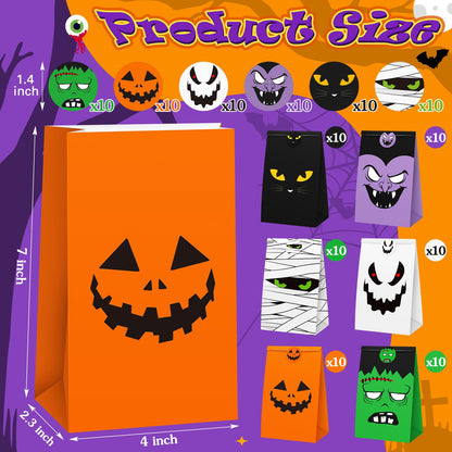 TaoBary Halloween Treat Bags Cute Trick or Goody Bags Halloween Paper Favor Bag with 6 Assorted Designs Stickers for Trick or Goody Birthday Party Event Supplies(60 Pcs)