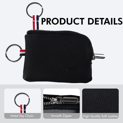 Genuine Leather Mini Coin Purse Keychain, Small Change Pouch Wallet with Clip Ring and Inner Key Holder, Compact Coin Wallet for Keys, Coins, Cash (Black)