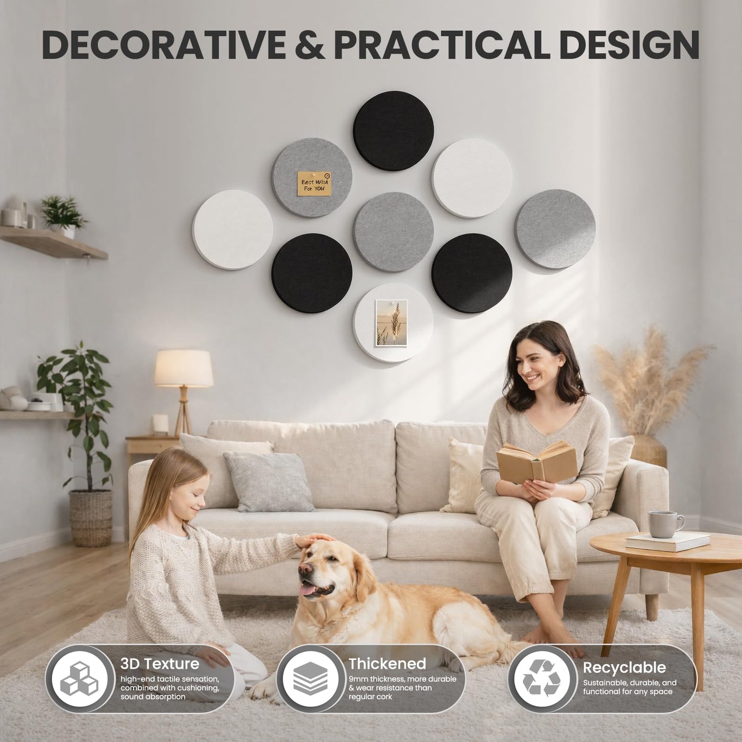 Bulletin Board, 11.8'' X 11.8'' Cork Board Alternative, 9 Pack Round Felt Board with Pushpins, Decorative Felt Notice Vision Board Photo Display Board for Office Home School Wall