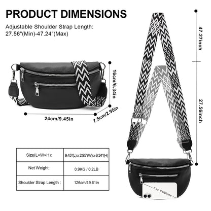 Long Keeper Faux Leather Crossbody Bags Bum Bag for Women Fanny Pack Lady Trendy Shoulder Sling Bag Waist Bags Belt Bag (Matte Black)