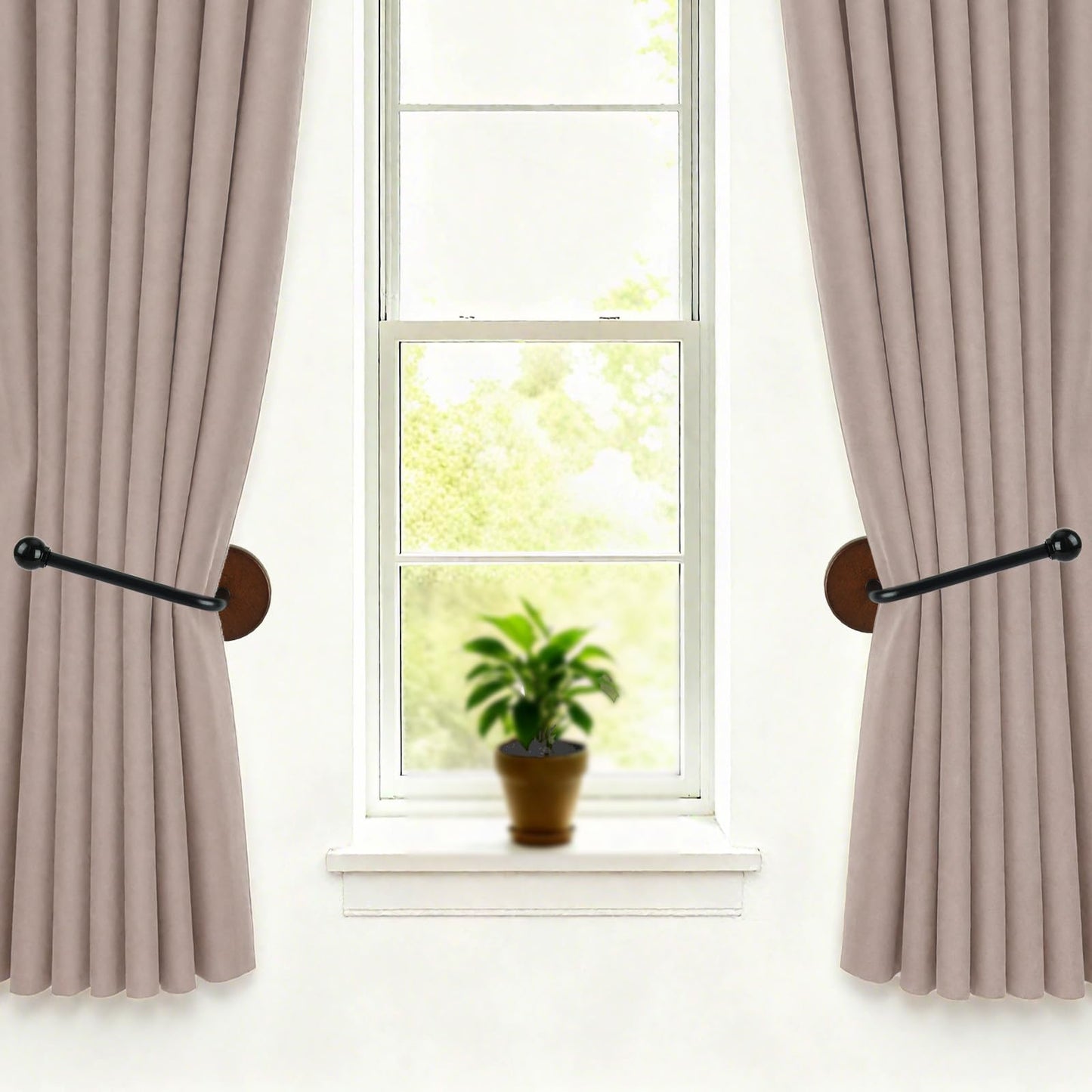 Earssa 2 Pack Adhesive Curtain Holdbacks no Drill Wood Curtain Tiebacks Wall Mounted Curtain Pull Backs Curtain Tie Backs for Drapes (Black)
