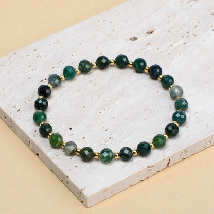 QOGIR Moss Agate - Stone of Optimistic - 14K Gold Plated Beads Natural Gemstone Stretch Elastic Dainty Healing Beaded Bracelets Gifts 6mm
