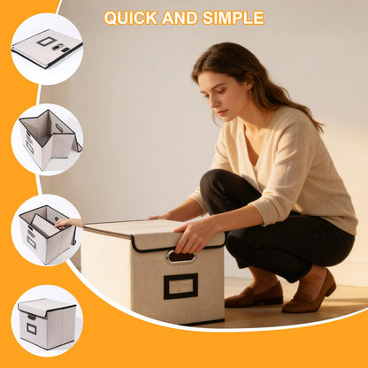 Tcbelosion Large Square Storage Bin with Lid, Foldable Organizer Box with Handles & Label Design, for Office, Closet, Home, Documents, Grey, 12.20 x 10.63 x 10.63 Inches, 1 Pack