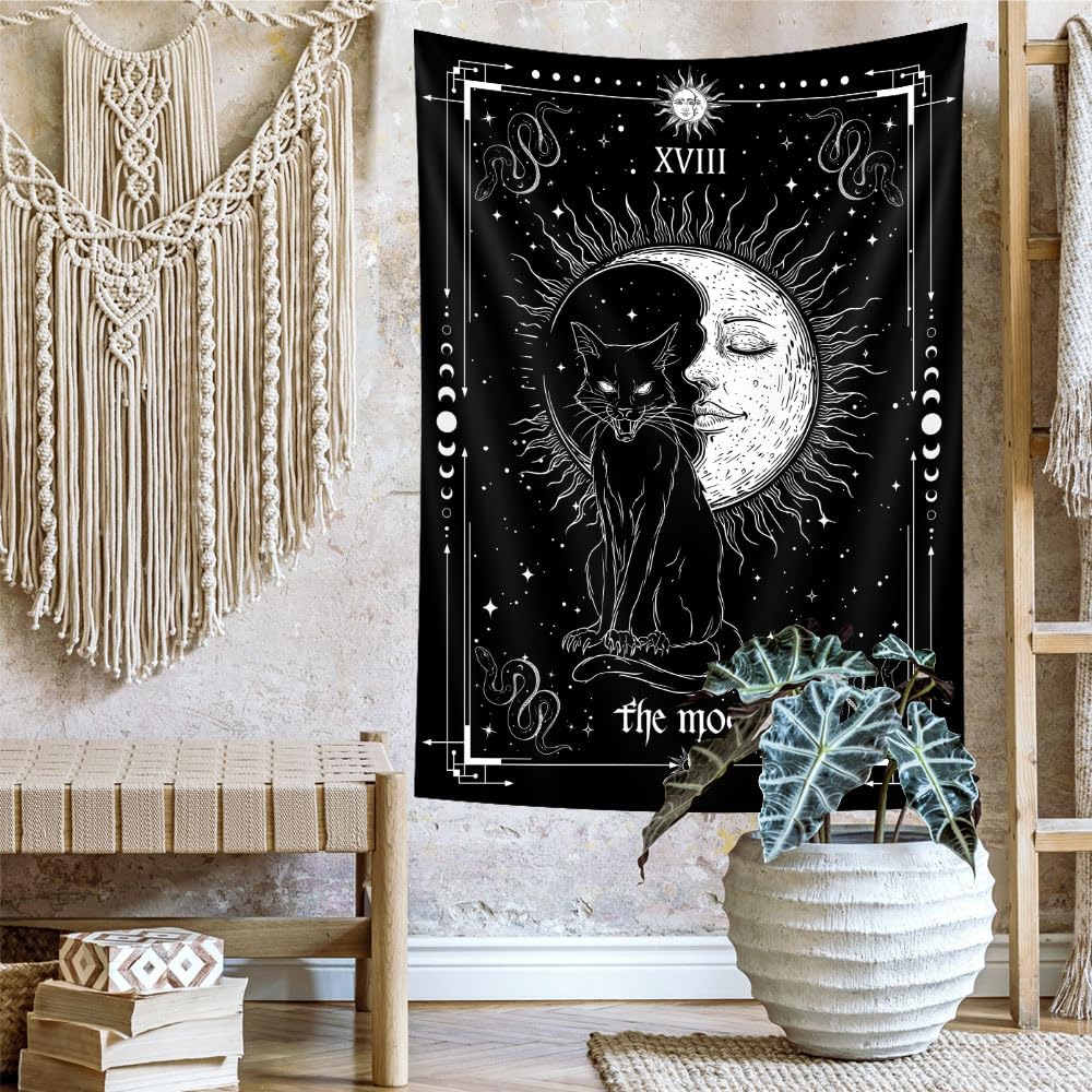 Gothic Black Cat Vertical Tapestry, Witchy Black and White Tarot Card Wing Bat Cat Cool Tapestries for Men, Moon Phases Aesthetic Anime Witchcraft Satanic Art Tapestry Wall Hanging for Bedroom Living Room Poster, 40X60Inch