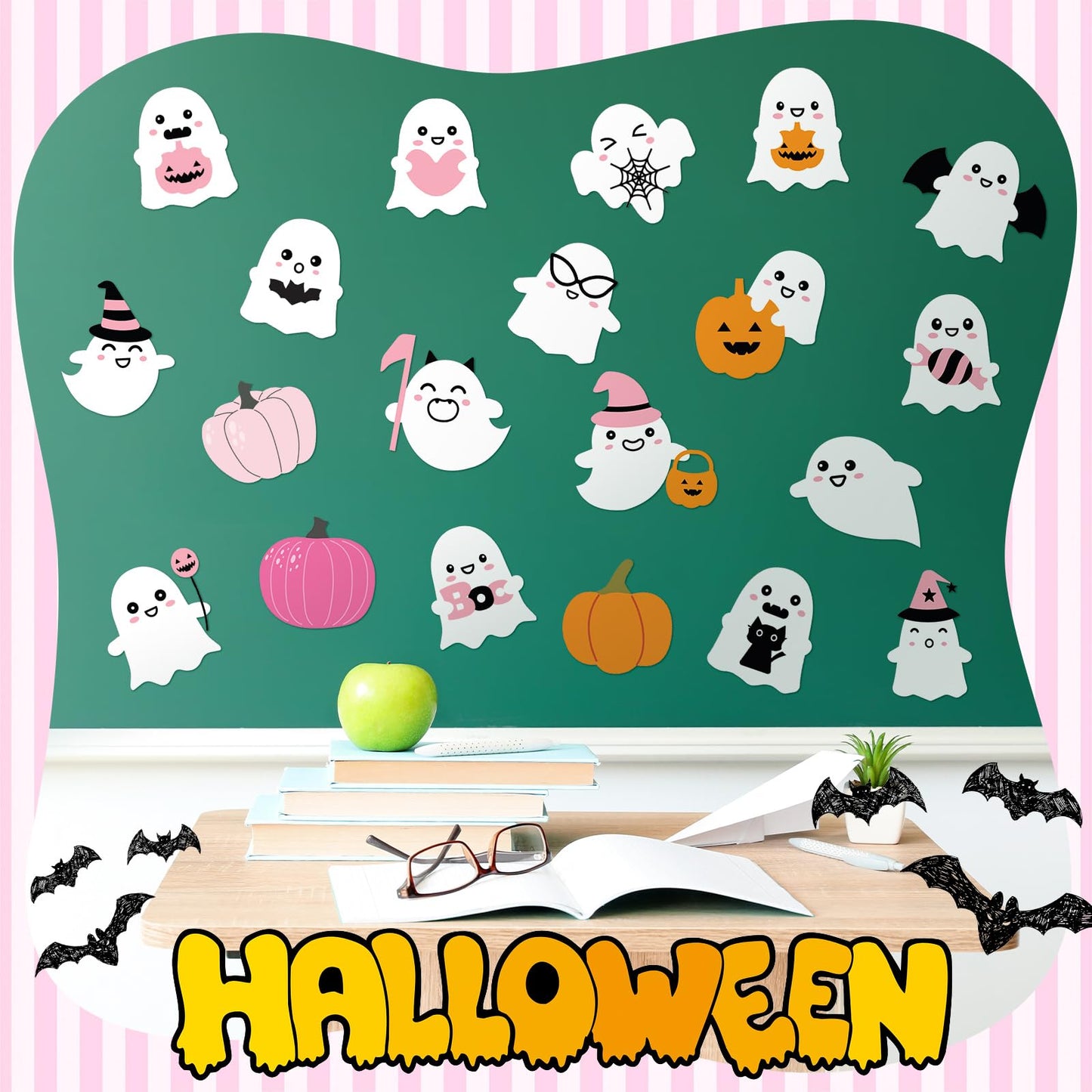 Seajan 200 Pcs Halloween Ghost Cutouts Cute Pink Ghost Pumpkin Paper Cut-Outs Halloween Bulletin Board Decor with 400 Glue Points Pink Pastel Decorations for Home DIY Art Craft Wall Party