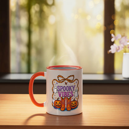 Halloween Western Spooky Vibes Cowboy Cowgirl Ghost Pumpkin Ceramic Mug, Orange/White
