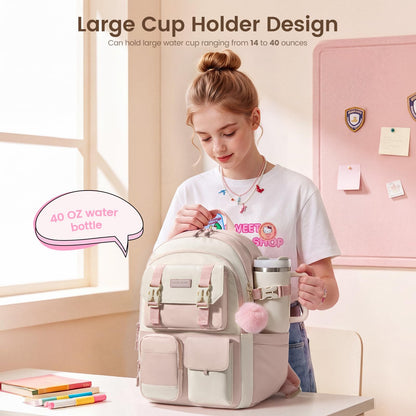 LOVEVOOK School Backpack for Teen Girls,Student Backpack Purse for 8-16 Teenage,Cute Kid Bookbag with Large Cup Holder,Back to School Backpack Fit 15.6 Inch Laptop,College Travel Bag for Daughter Gift