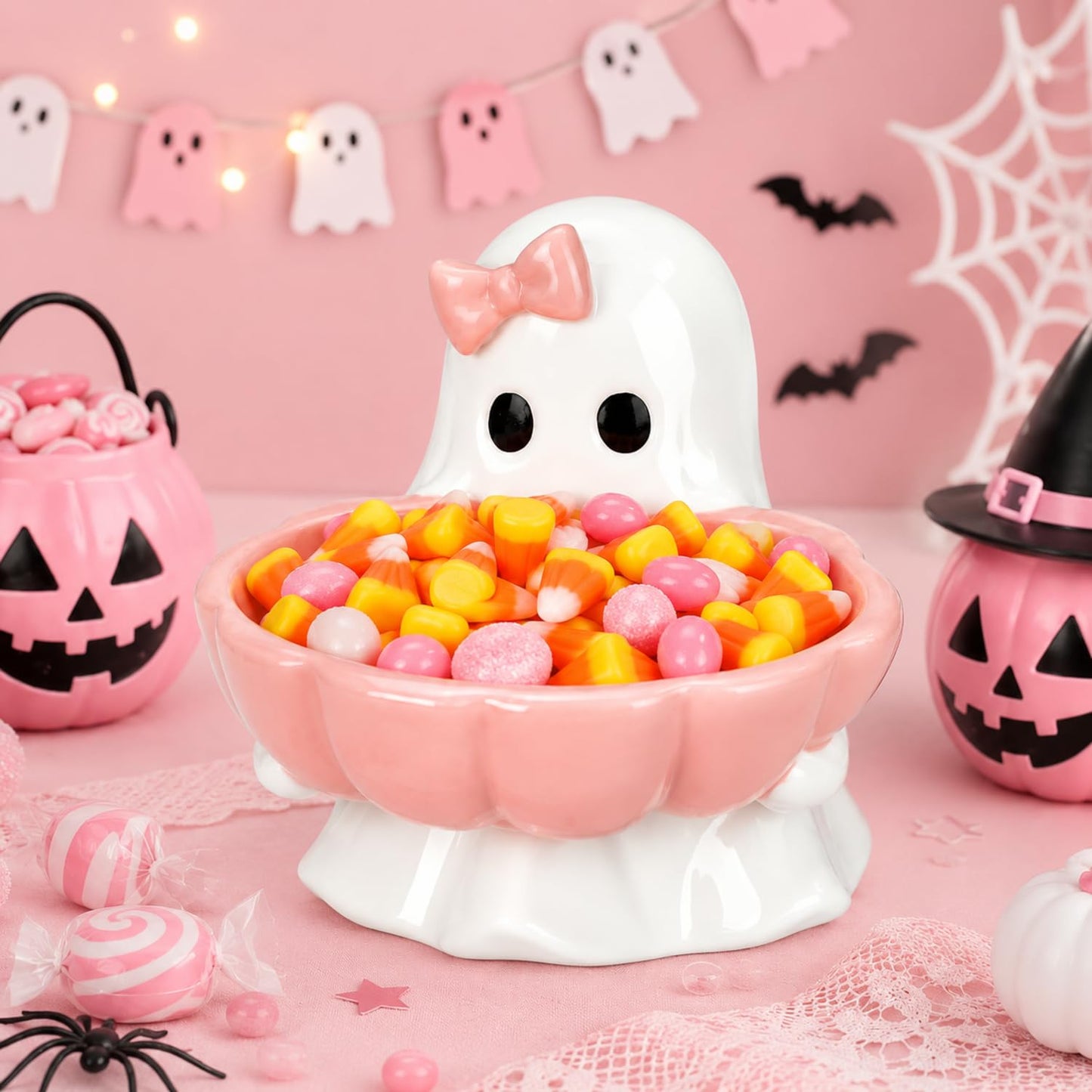 Reallnaive Halloween Candy Bowl Pink Bow Ghost Shaped Ceramic Candy Dish Ghost Serving Tray Cute Halloween Tabletop Decoration Cookie Jar for Party Supply
