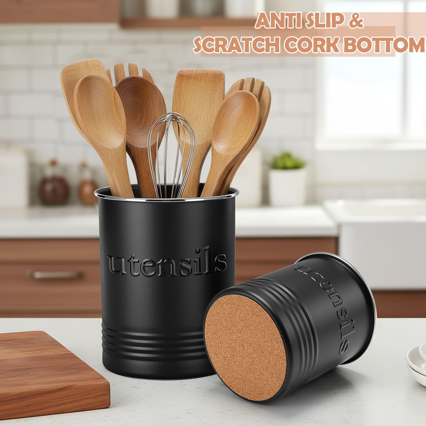 FoldTier 2 Pack Kitchen Utensil Holder for Counter 6.7"+4.7" Farmhouse Cooking Utensil Crock with Cork Bottom Modern Farmhouse Decors Countertop Storage Organizer Caddy Housewarming Gift(Black)
