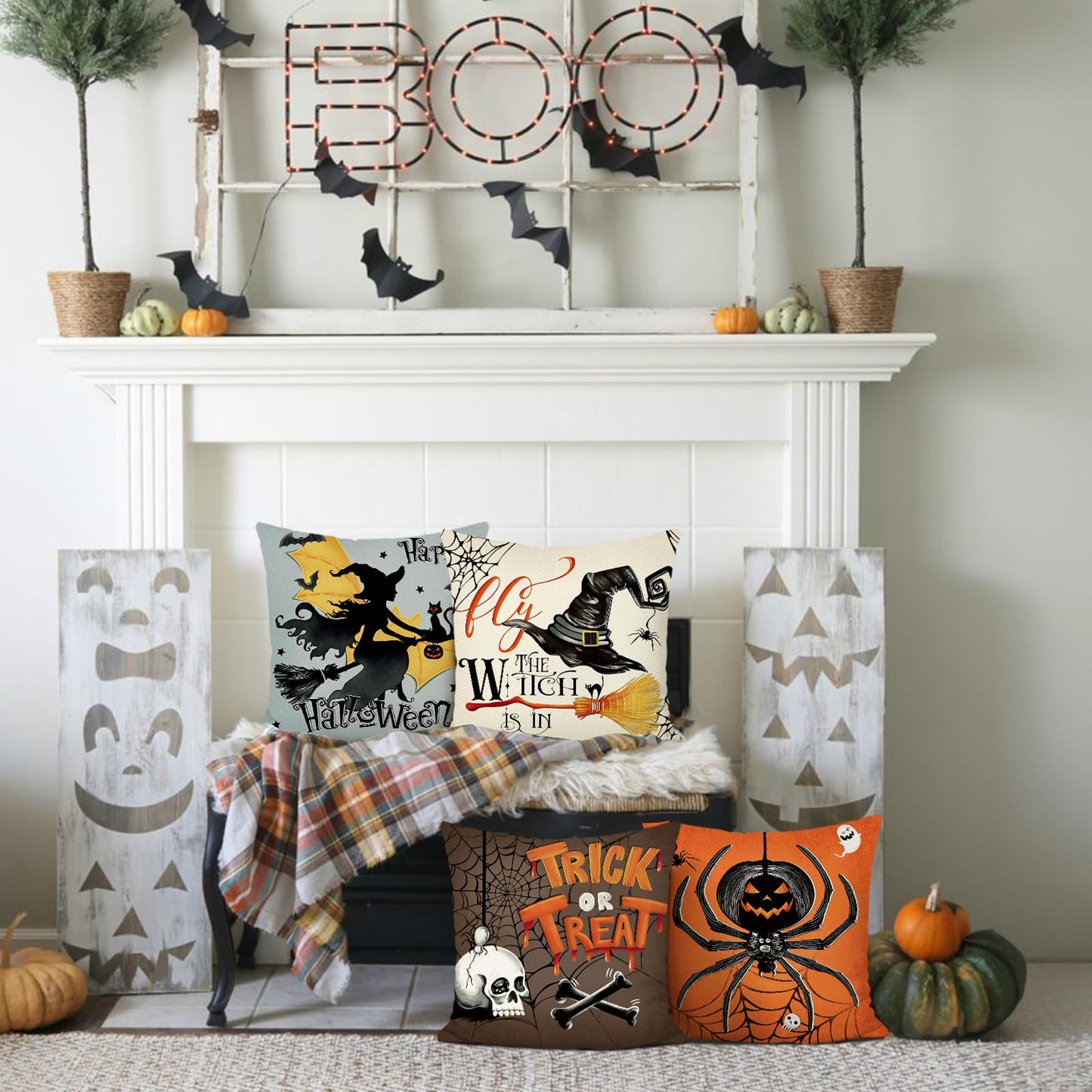 Bonhause Halloween Pillow Covers 18 x 18 Inch Witch Spider Skull Trick or Treat Decorative Pillows for Sofa Home Halloween Decor Set of 4