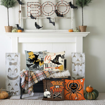 Bonhause Halloween Pillow Covers 18 x 18 Inch Witch Spider Skull Trick or Treat Decorative Pillows for Sofa Home Halloween Decor Set of 4
