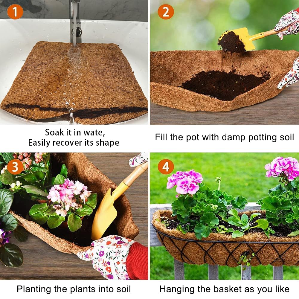 Mxespoir 3Pcs 24“ Coco Liners for Planters, Pre-Formed Trough Coconut Fiber Liner Replacement for Window Box, Fence Flower Baskets, Garden Flower Pot (24 inch 3PCS)