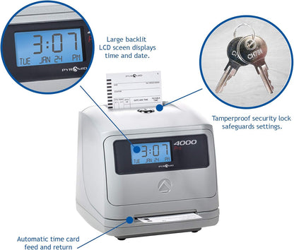 Pyramid Time Systems - Model 4000 Auto Totaling Time Clock, Electronic Time Punch Clock for Small Business, Bundle Includes: 25 Time Cards,Ribbon and 2 Security Keys - Silver ( 7.25"h x 7"w x 6.75"d)