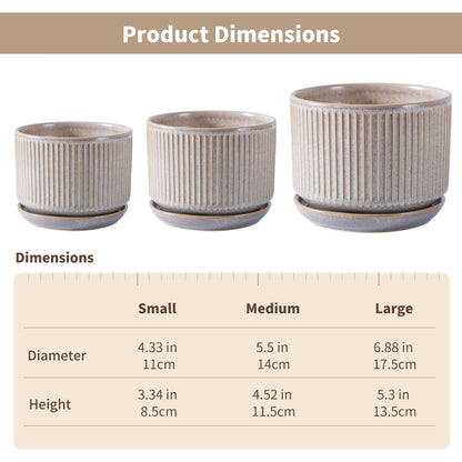 SURE YUESI Speckle Gray Ceramic Plant Pots Set of 3 (4.3”+5.5”+6.7”) Indoor Striped Planters with Drainage Hole, Saucer Pad, Decorative Pots for Plants & Gardening