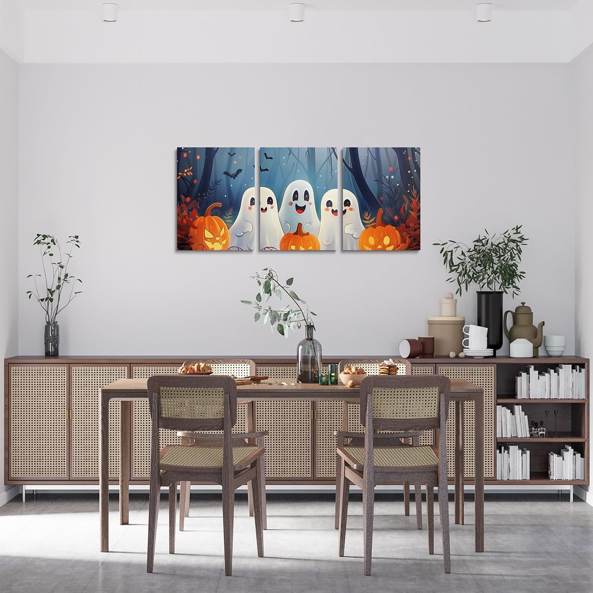 Cute Ghosts Cactus Canvas Wall Art Set Of 3 Pieces, Cartoon Pumpkin Lantern Wall Decor Home Artwork for Living Room Bedroom Decorative, Halloween Paintings Wall Hanging, Kids Boy Girl Room Decor