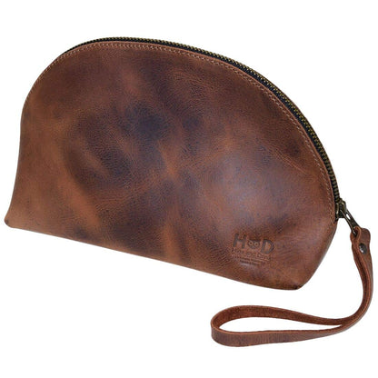 Hide & Drink, Cosmetic Travel Organizer with Hand Strap for Women, Makeup Bag, Classic Handbag, Full Grain Leather, Handmade, Bourbon Brown