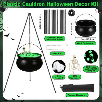 MiniInflat 6 Pack Halloween Decorations Outdoor Included Large Witches Cauldron on Tripod with String Light Eyeball and Skeleton 3 Pcs 6 ft Lighted Witch Stakes 2 Pcs Solar Eyeball Light for Yard Lawn