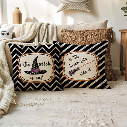 ULOVE LOVE YOURSELF 2Pack Black Halloween Pillow Covers Witch Hat/Broom Happy Halloween Decorative Pillow Cushion Cover Cute Fall Decor Pillowcase for Sofa/Couch/Porch