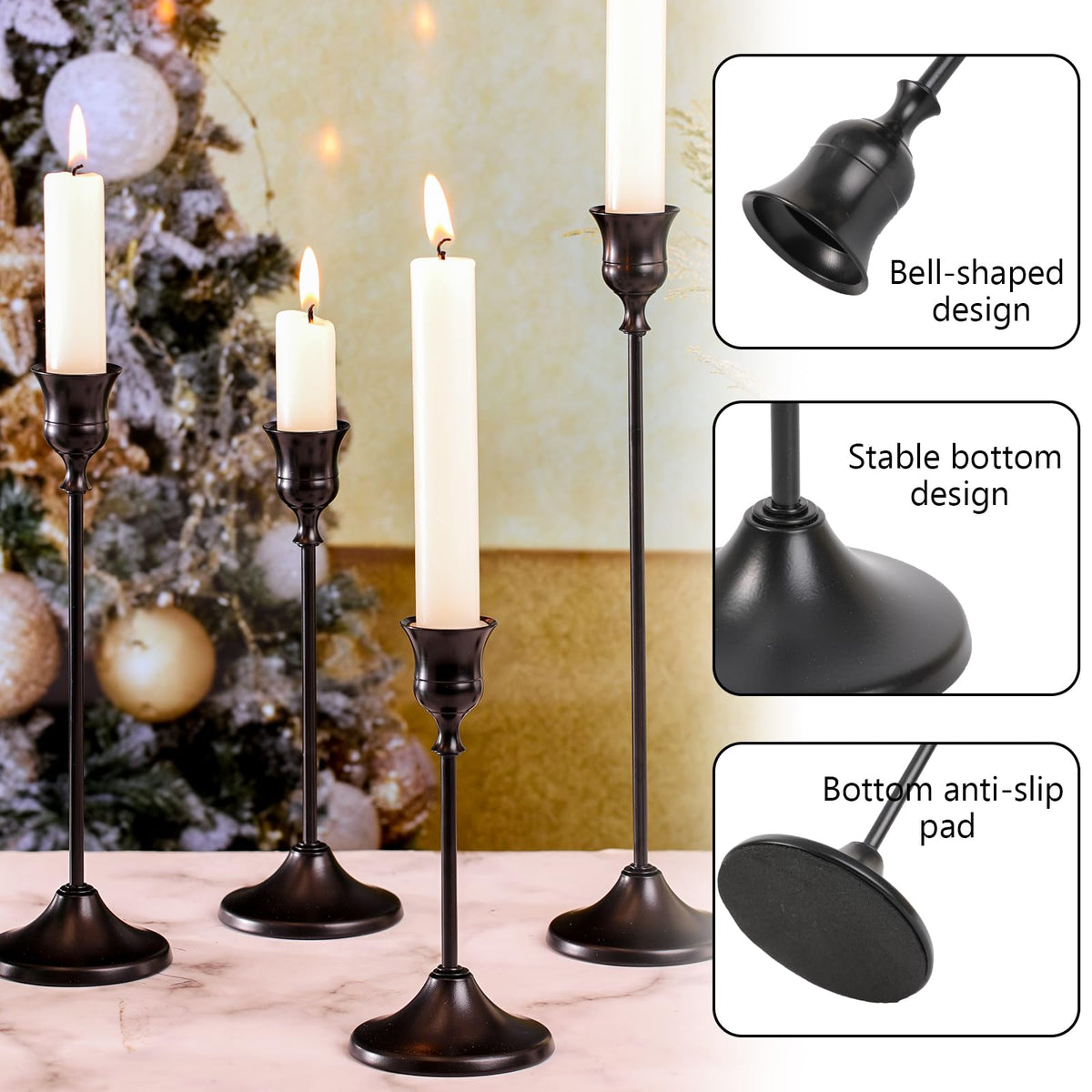 Sunnyfuture Candlestick Holders, 4PCS Taper Candle Holder for Candlesticks, Black Candle Holders for Table Centerpiece, Wedding, Party