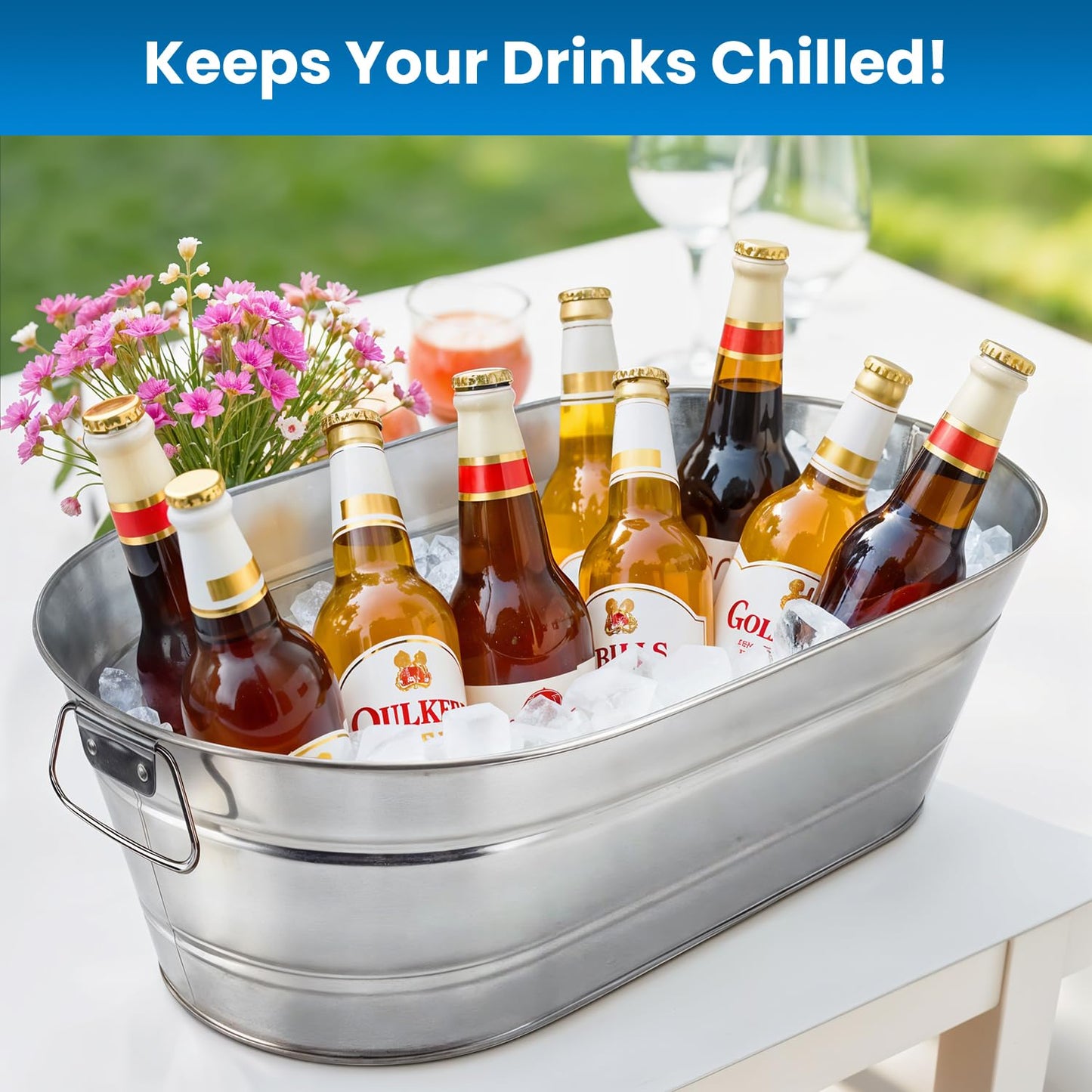 PLEXON Metal Ice Bucket for Parties - Galvanized Tub with Handles - Beverage Tub - Ice Bucket for Cocktail Bar Restaurant - Drink Beer Champagne Chiller Cooler - 5.3 Gallon (20L), Set of 2