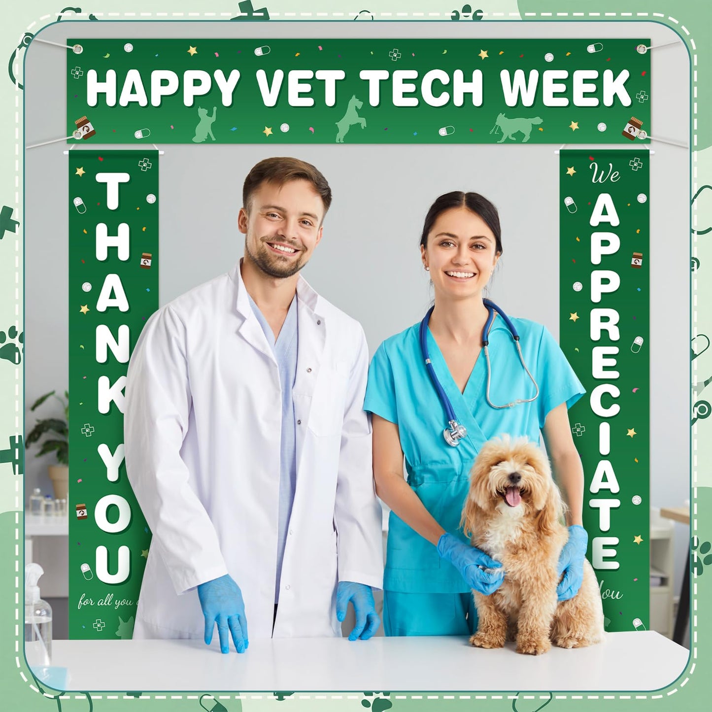 Fanfanwin 3 Pcs Happy Vet Tech Week Banner We Appreciate Thank You Veterinary Technician Week Decorations Green White Vet Hospital Staff Party Supplies for Hard Work Nurse Enthusiast