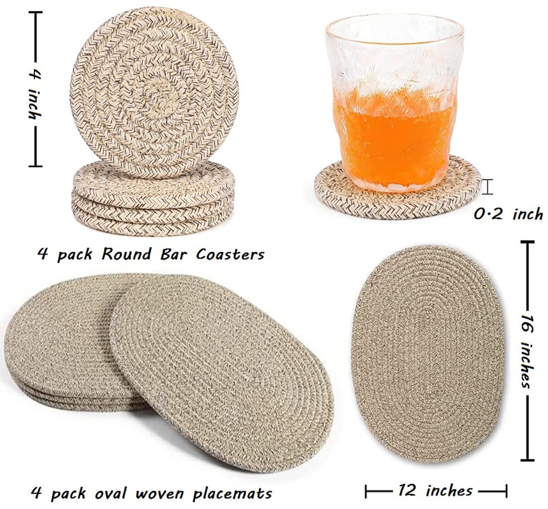 WENFOME 4 Pack Oval Woven Placemats, Mix Brown Cotton Plate Chargers with 4 Pack Round Coasters, Thick Heat Insulation Mats Household Table Mats Braided Bowl Mats Fabric Rustic Placemats for Dining