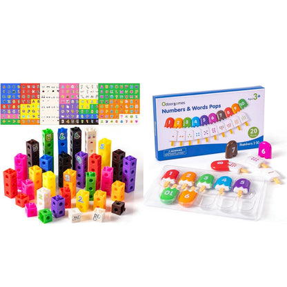 Odoorgames 100 Pcs Math Linking Cubes with 384 Cartoon Stickers – Mini Number Pops 1-10 – Essential Counting Cubes for Kids Math Learning and Fun Activities