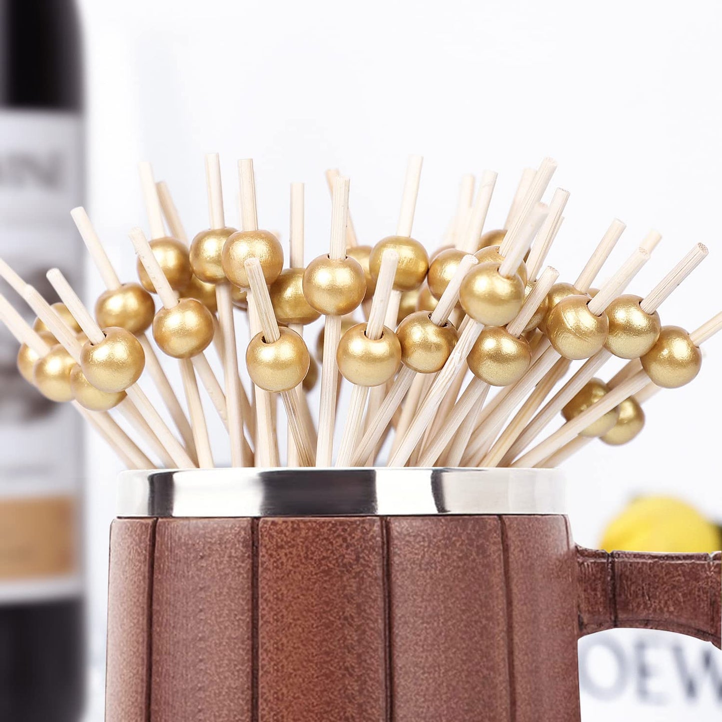 200PCS Cocktail Picks, Fancy Toothpicks for Appetizers, Decorative Bamboo Skewers for Appetizers Drinks Fruit, 4.7 Inch Long Wooden Gold Pearl Food Sticks Charcuterie Boards Accessories Party Supplies
