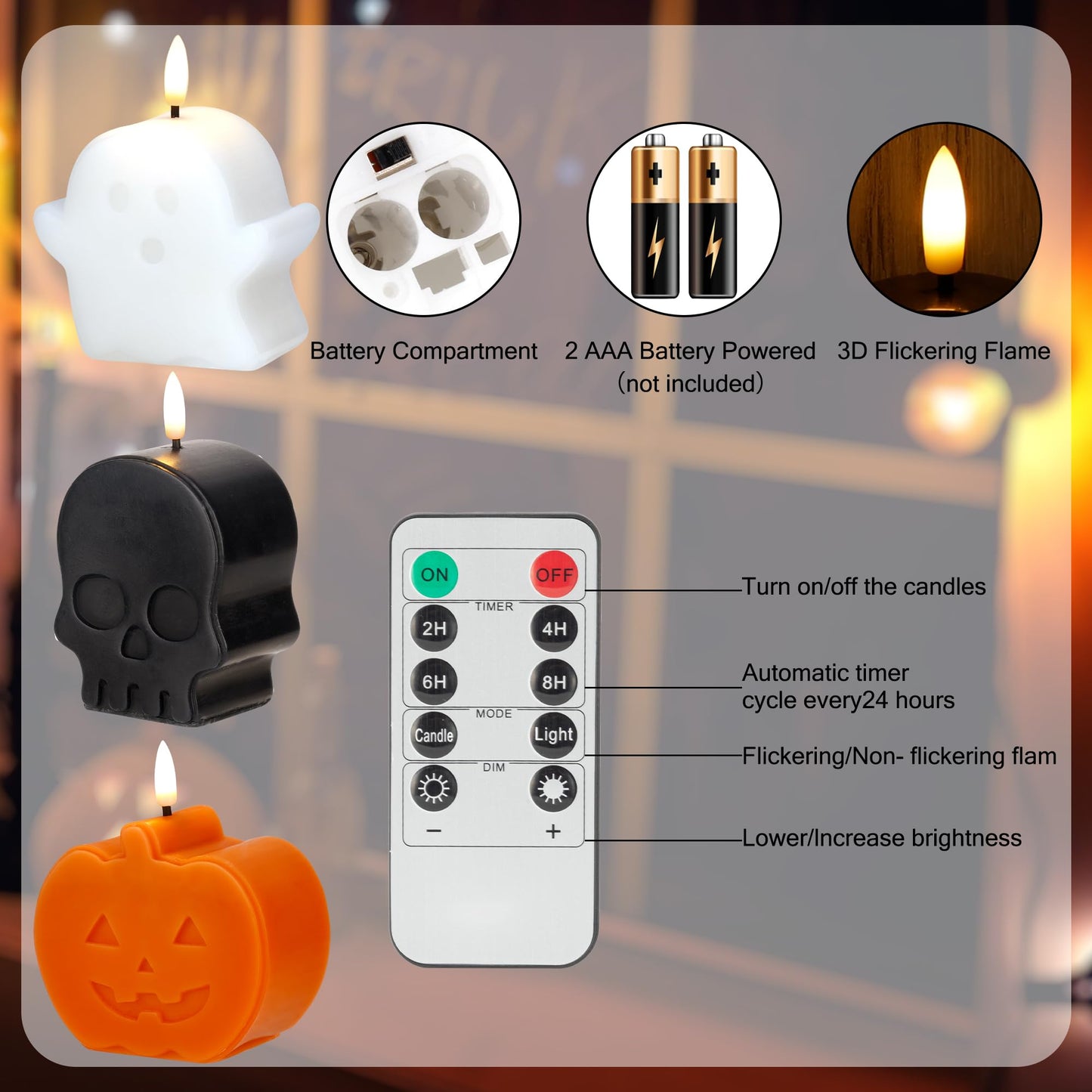 JOIONE Halloween Flameless Candles with Remote, 3D Flickering Flame Real Wax LED Battery Operated Candles, Cute Pumpkin & Ghost & Skull Halloween Candle for Party and Home Decorations, Set of 3