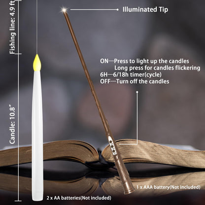 LUSHARBOR Floating Candles with Wand, 10 Pack Halloween Flameless Candles Battery Operated LED Taper Hanging Electric Candle for Christmas Halloween Birthday Party Decor 10.8in