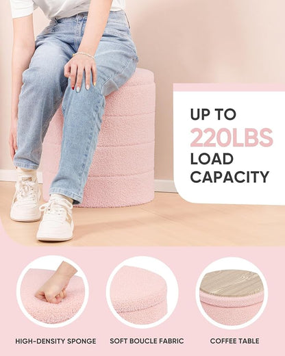 B FSOBEIIALEO Ottoman with Stroage, Round Sherpa Storage Ottoman Stool, Boucle Foot Rest 14.6"x14.6"x17.7"（Pink