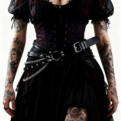 Aufordebatis Punk Goth PU Leather Layered Wasit Belt for Women, Adjustable Grunge Emo Rave Gothic Chain Belts Accessories (Black, S for Waist 30-34 in)
