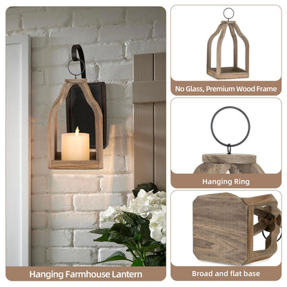 Staymoment Wood Lanterns Decorative Indoor: Farmhouse Hanging Candle Holder Set of 2 Brown Table Centerpiece Fireplace Mantle Shelf 11" & 8" Rustic Home Decor Fall Ornaments