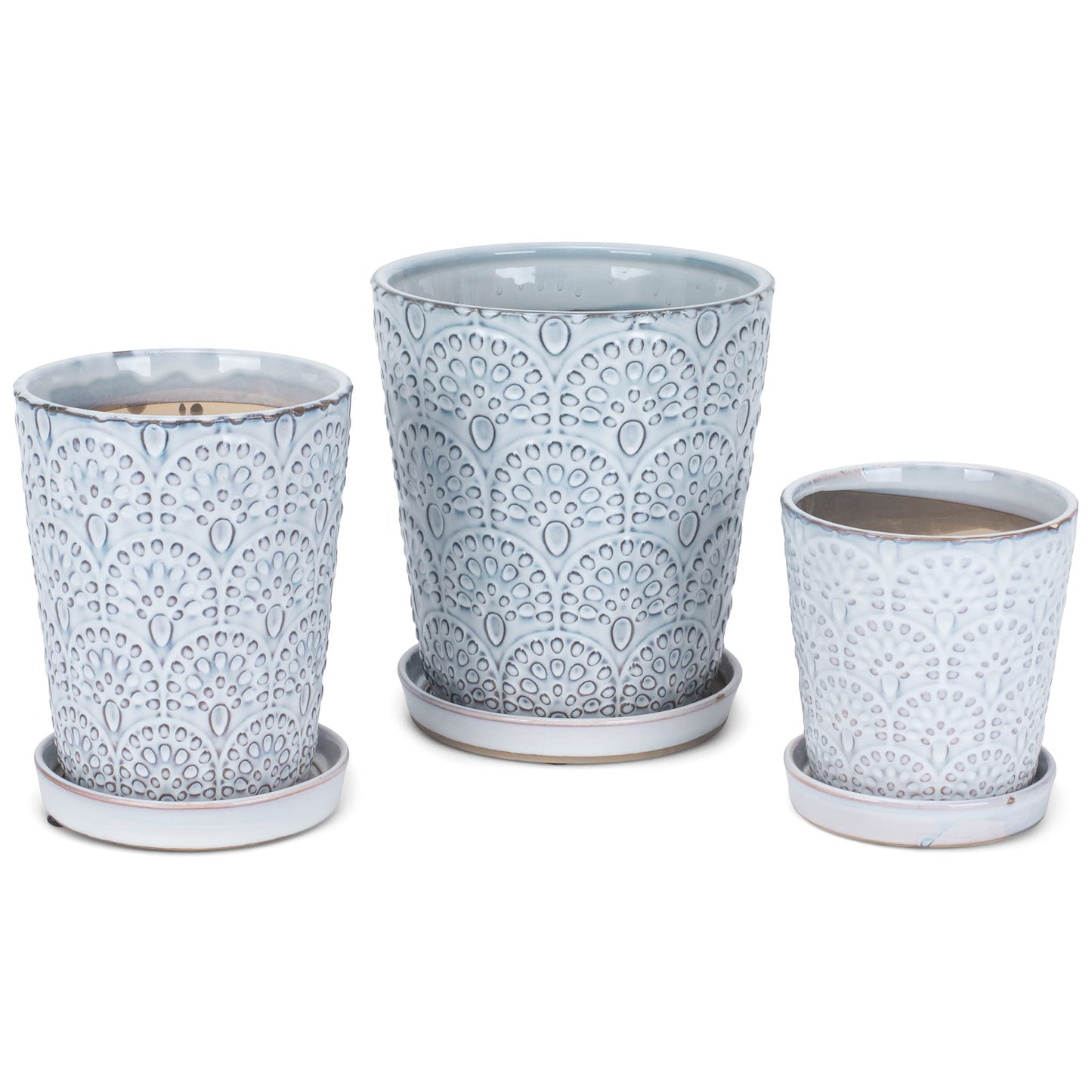 Napco Embossed Scallops White Ceramic Flower Pot Planter with Saucer Set of 3