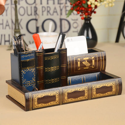 Tosnail Decorative Pen Holder with Storage Compartment, Wooden Pencil Holder and Organizer, Antique Library Books Design Pen Cup Caddy for Office Supplies, Countertop, Desk, Table