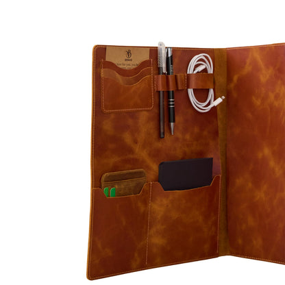 Leather Portfolio Folder - Genuine Leather Document Organizer with Multiple Pockets and Pen Holder – Business Padfolio for A4 Letter Size Papers, Professional Resume or Meeting Use (Whiskey)