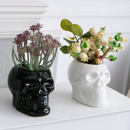 Tanvecle 2 Pcs Skull Planter Pots, Skeleton Vase/Bowl for Flowers, Succulent, Cactus and Candy, for Gothic Home Office Desk, Halloween and Day of The Dead Decorations - White and Black