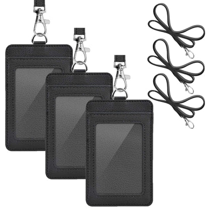 3 Pack PU Leather ID Badge Holder, Life-Mate ID Badge Holder with 1 Clear ID Window 1 Credit Card Slot and PU Leather Lanyard for Badge Credit Cards College ID Cards in Black