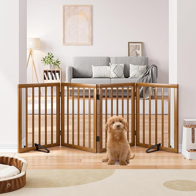 Semiocthome Freestanding Dog Gate 24“Tall, Walnut Foldable Dog Gates for Doorways Stairs Indoor, Wooden 4 Panels Pet Gates for Dogs with 2 Metals Stands, Fully Assembled Door Gates Fences