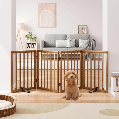 Semiocthome Freestanding Dog Gate 24“Tall, Walnut Foldable Dog Gates for Doorways Stairs Indoor, Wooden 4 Panels Pet Gates for Dogs with 2 Metals Stands, Fully Assembled Door Gates Fences