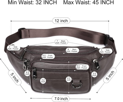 Genuine Leather Fanny Pack HandMade Durable cowhide Waist Bag Lots of Anti-theft zipper pocket Coffee