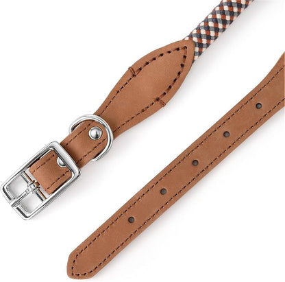 Mile High Life Genuine Leather Dog Collar, Durable Braided Cotton Rope Collar with Metal Pin Buckle for Small Medium Large Dogs (Brown Plaid, S Neck 11"-15")