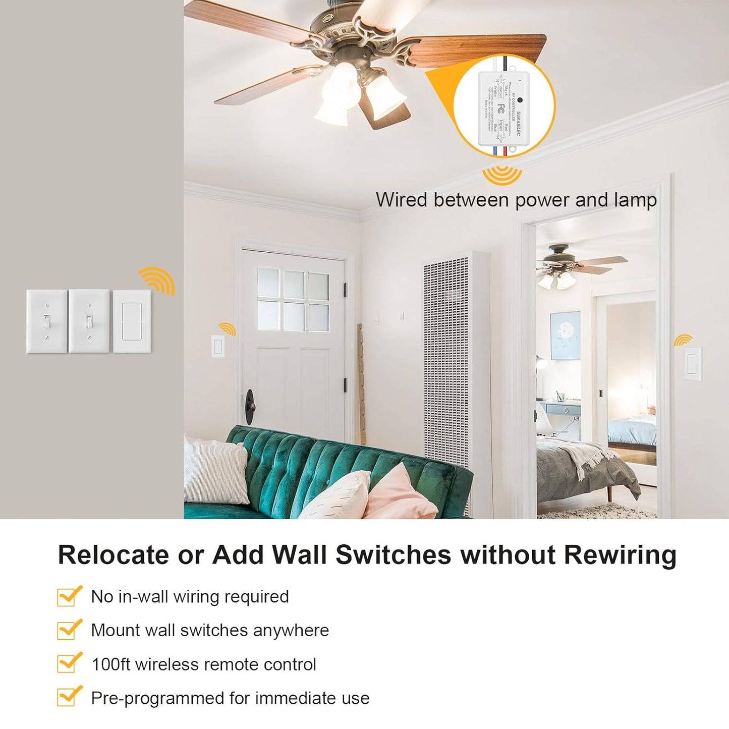 Suraielec 3 Way Wireless Light Switch, No Wiring, No WiFi, 100ft RF Range, Pre-Programmed, Expandable Wireless Wall Switch and Receiver Kit, Remote Control Light Fixture for Lamp, Ceiling Light, Fan