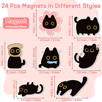 MALLMALL6 24Pcs Cute Black Cat Fridge Magnets, Novelty Gift for Cat Lover, Spring Refrigerator Magnetic Sticker Decor Accessories with Flower Bread Fish for Home Kitchen Office Locker Mailbox Door