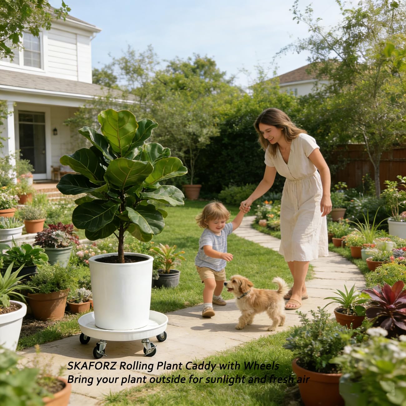 SKAFORZ Rolling Planter Caddy(470lbs Capacity), Heavy Duty Metal Plant Stand with Brake Wheels Plant Dolly Mover Plant Pot Tray Saucer for Indoor Outdoor 18inches White